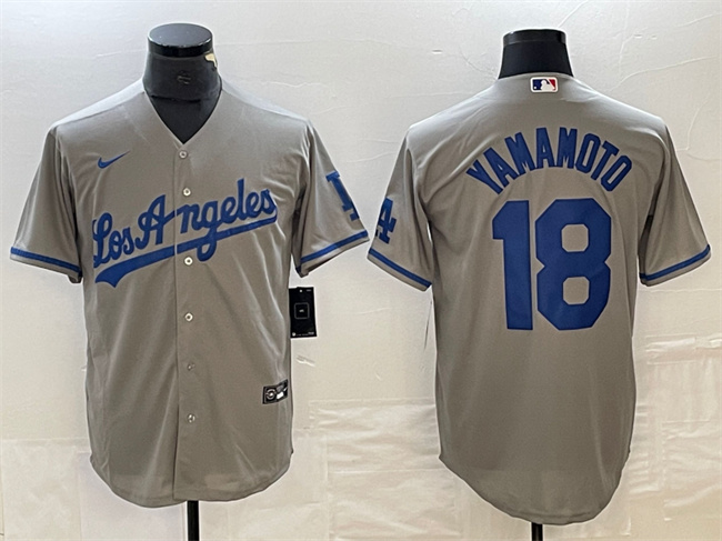 Men's Los Angeles Dodgers #18 Yoshinobu Yamamoto Gray Cool Base With Patch Stitched Baseball Jersey